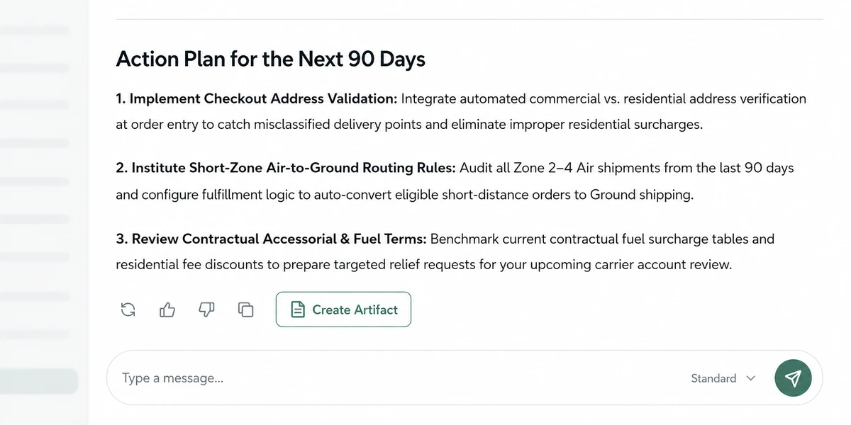 Create Artifact action beneath a completed ParcelAdvisor Advisor response